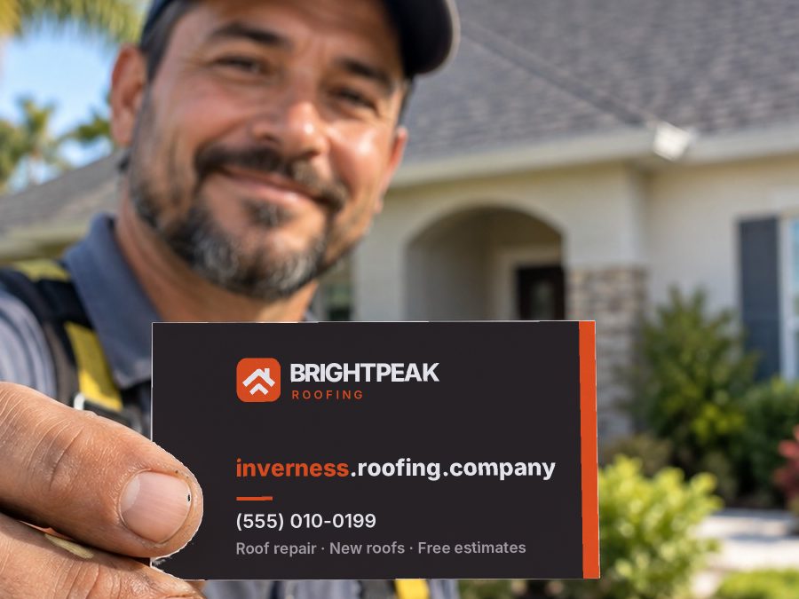 inverness.roofing.company on a roofer's business card