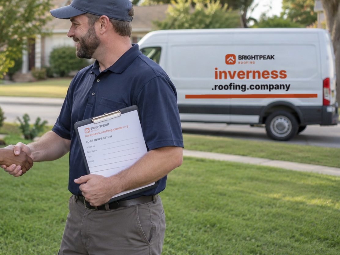 inverness.roofing.company on a roofing van and an inspection form
